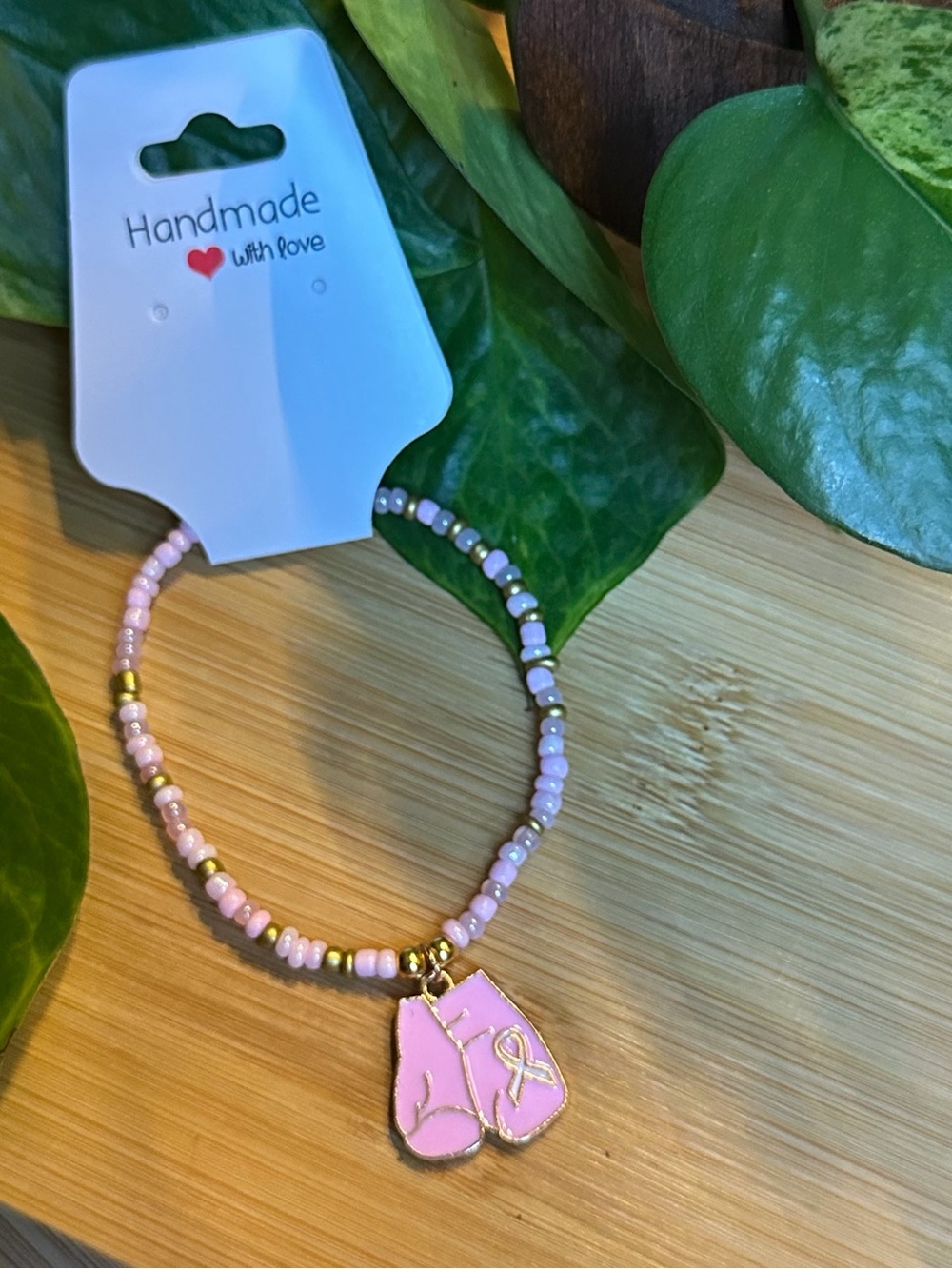 🎀 Breast Cancer Awareness Stretchy Beaded Bracelet | Handmade | Dangle Charm 🎀